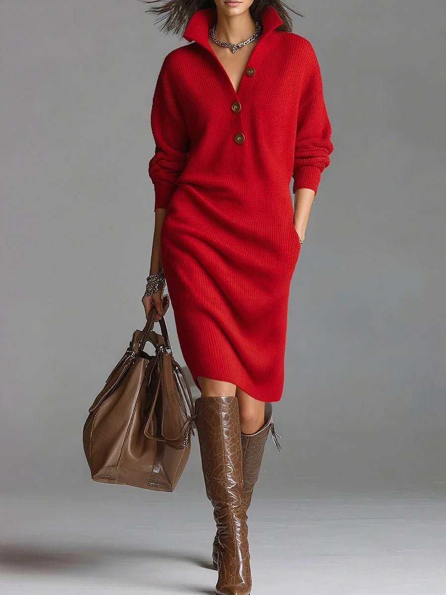 Amelia | Button-Collar Knitted Midi Dress