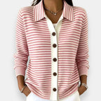 Nola™ Striped Button Cardigan in Pink, shown on a model