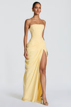 Ruched Strapless Slit Midi Dress