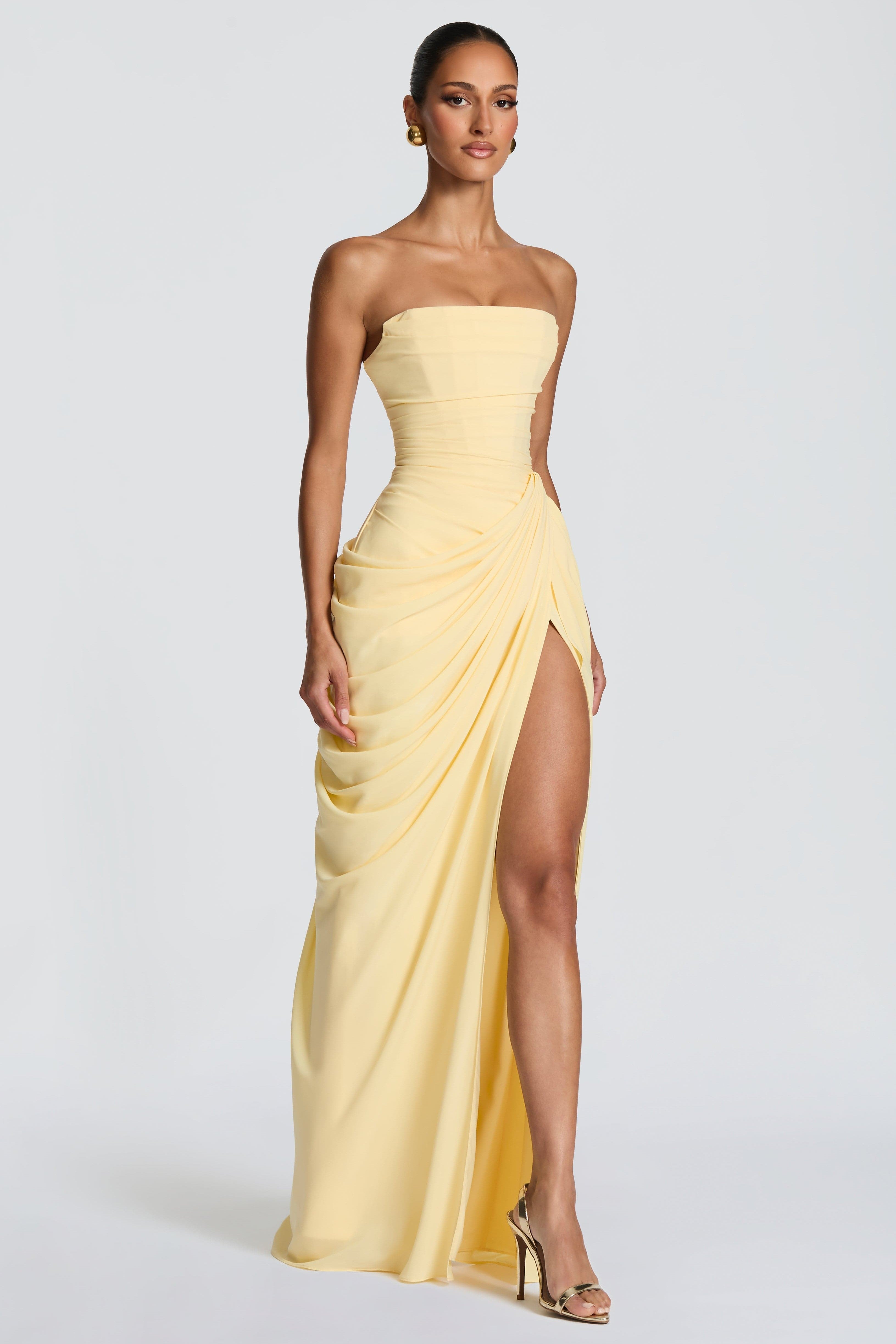 Ruched Strapless Slit Midi Dress