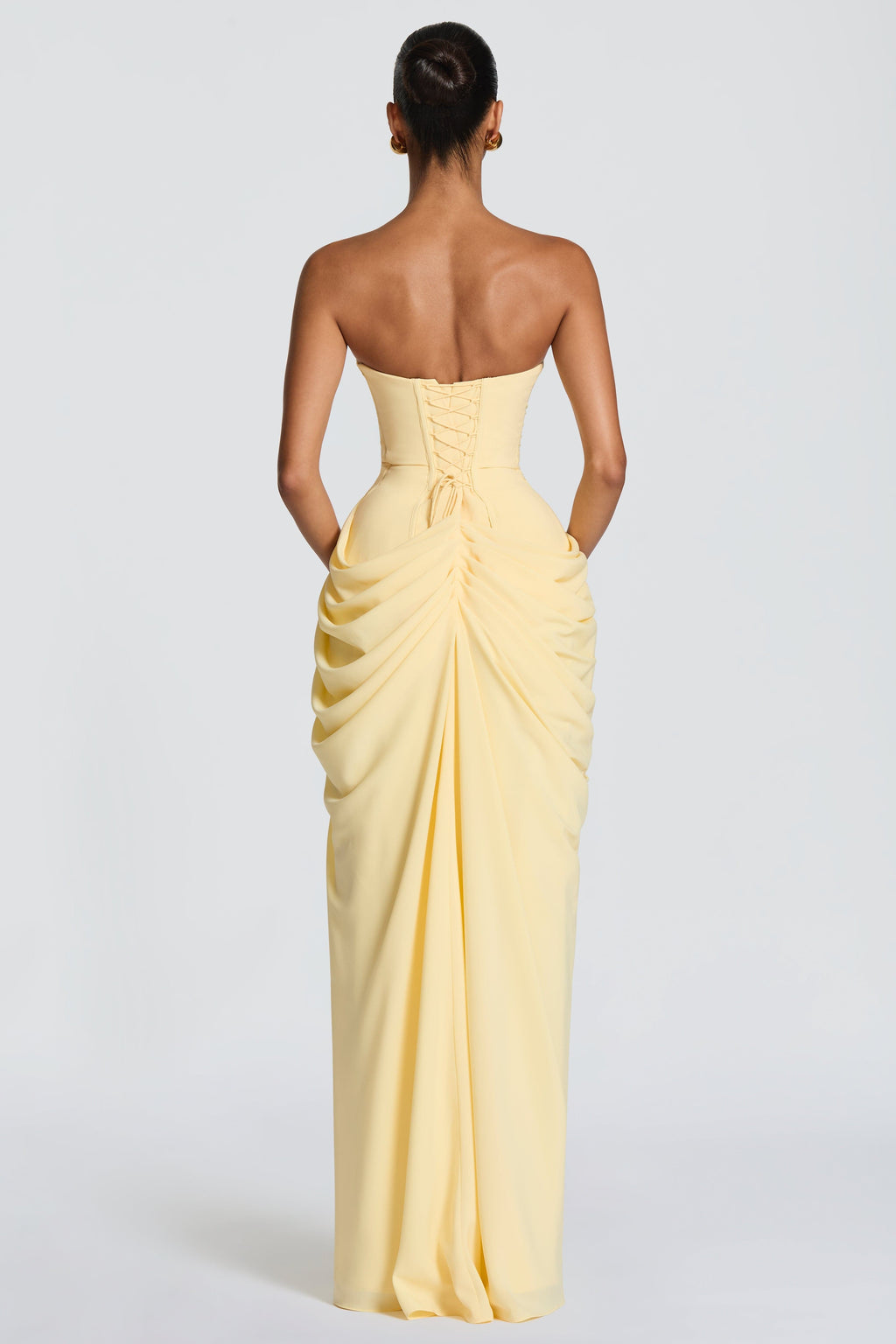 Ruched Strapless Slit Midi Dress