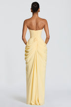 Ruched Strapless Slit Midi Dress