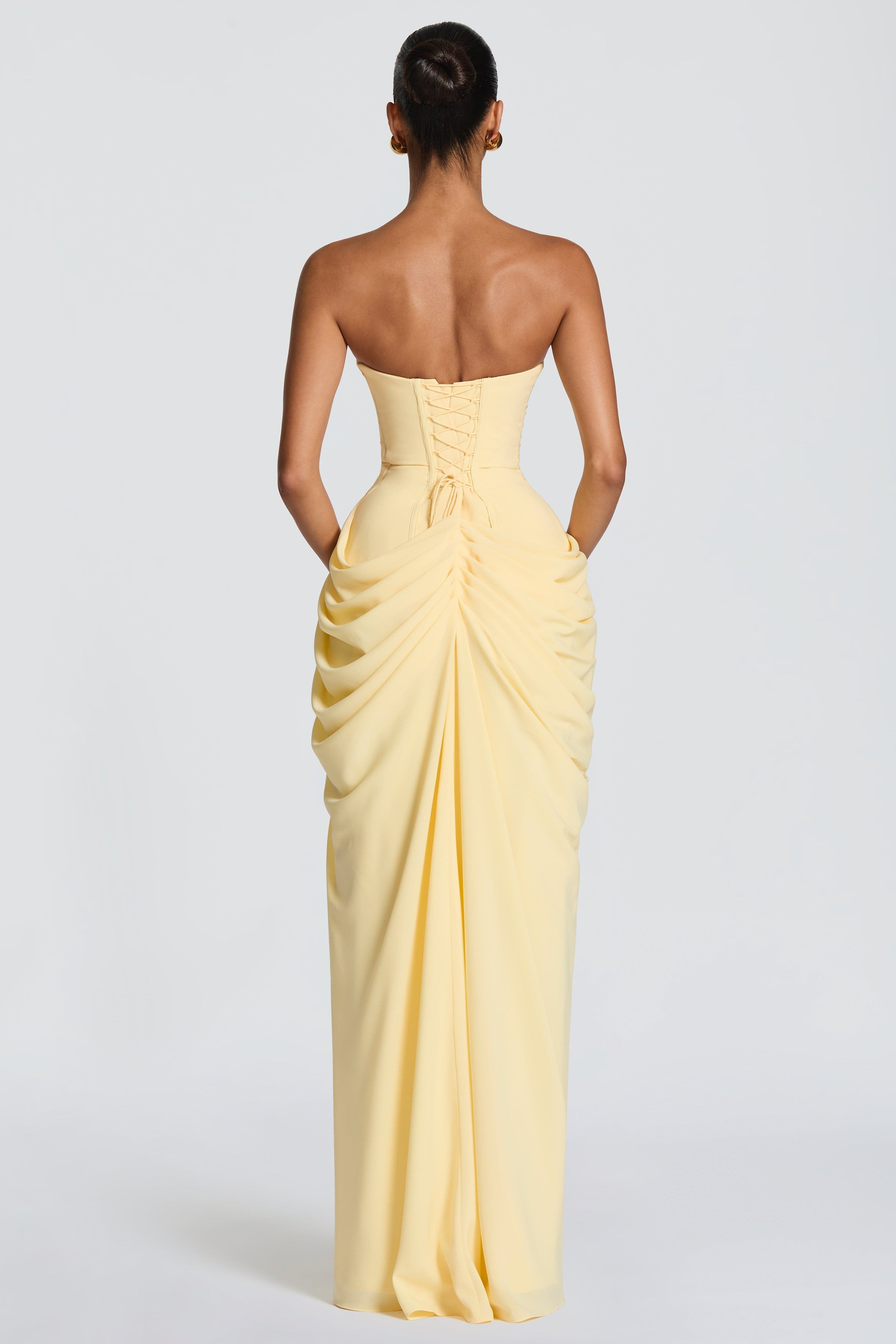 Ruched Strapless Slit Midi Dress