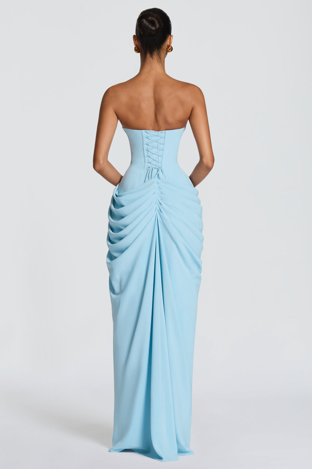 Ruched Strapless Slit Midi Dress