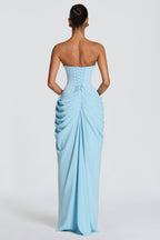 Ruched Strapless Slit Midi Dress