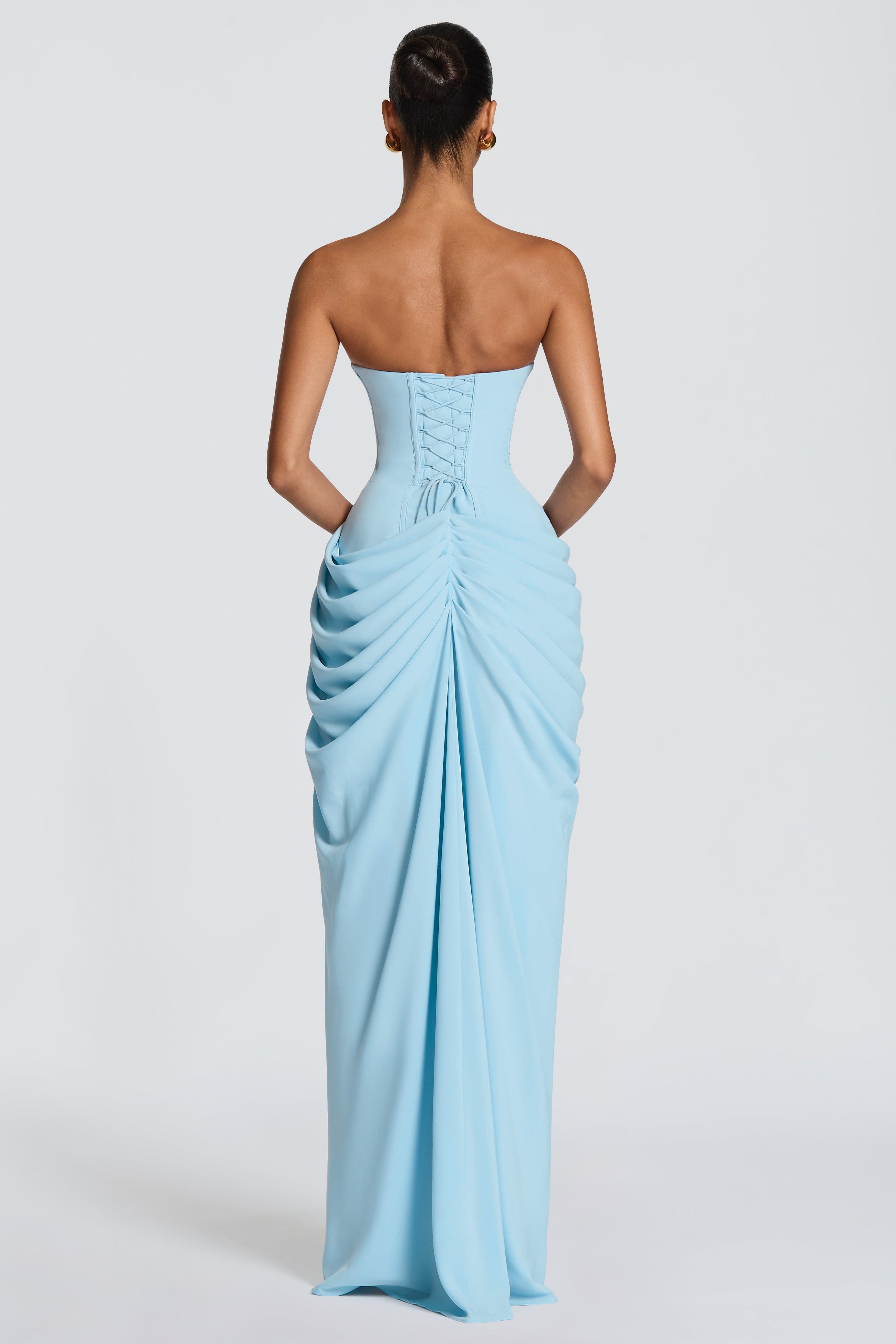 Ruched Strapless Slit Midi Dress
