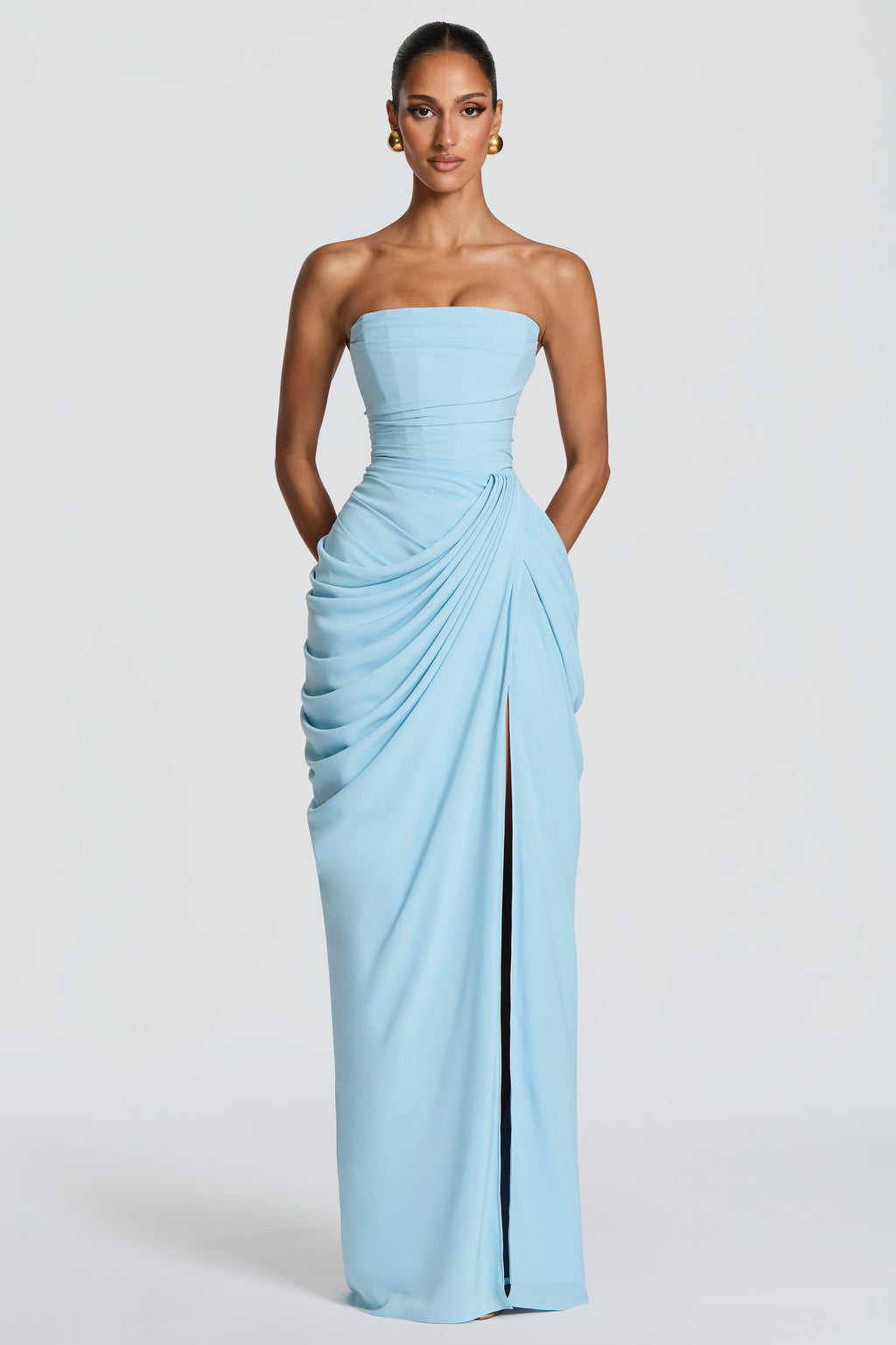 Ruched Strapless Slit Midi Dress