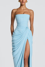 Ruched Strapless Slit Midi Dress
