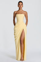 Ruched Strapless Slit Midi Dress