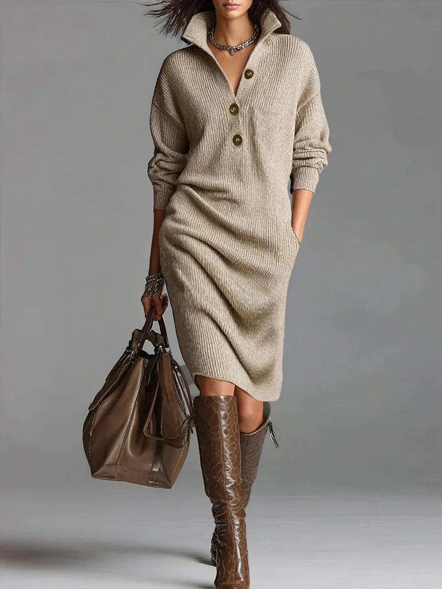 Amelia | Button-Collar Knitted Midi Dress