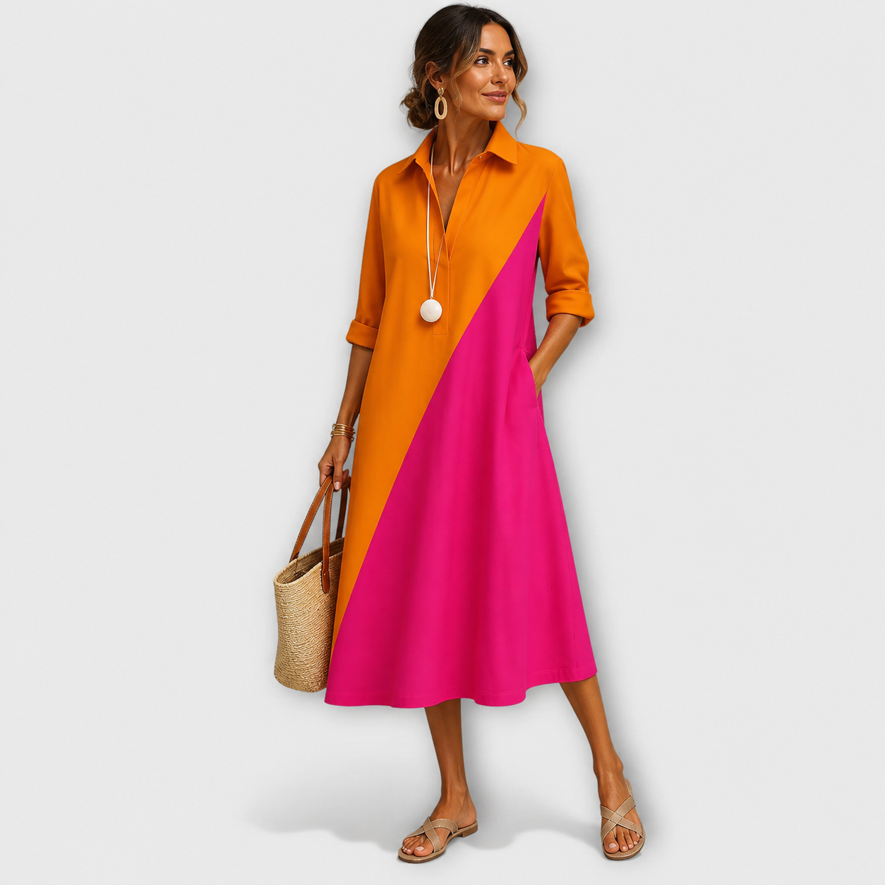 Woman wearing a two-tone orange and pink dress on a white background
