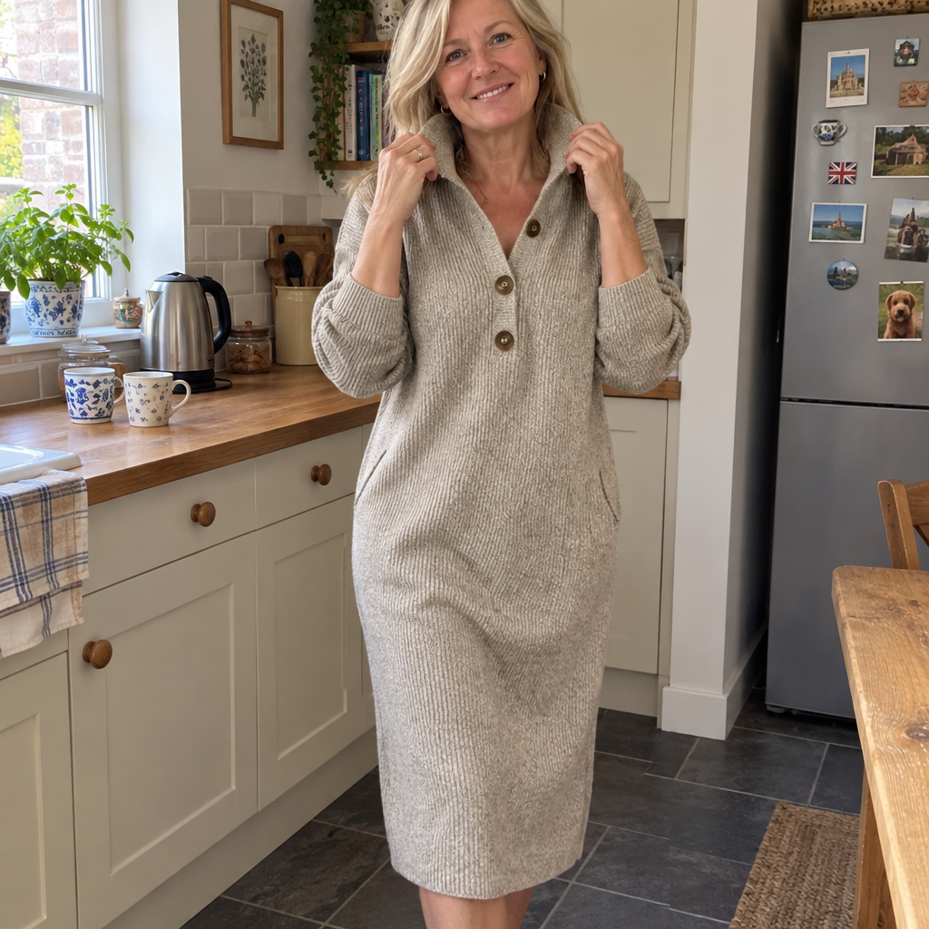 Amelia | Button-Collar Knitted Midi Dress