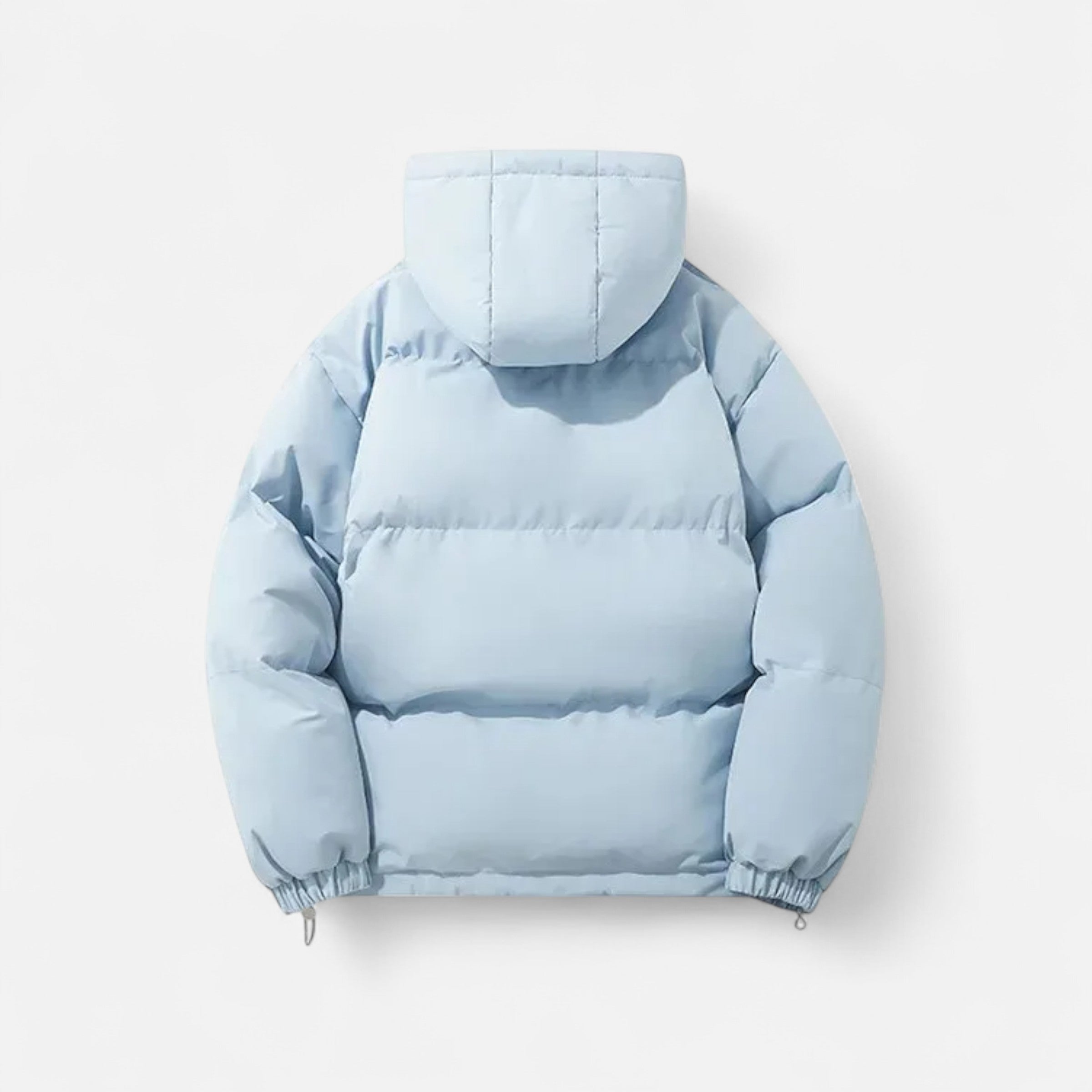 Light blue puffer jacket on a white background